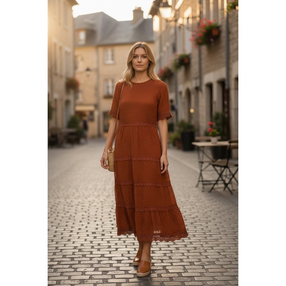 Lulus Rust Swiss Dot Midi Dress Women's Large Ruffle Lace Tiered Boho
